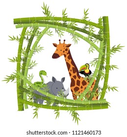 Different animals within a bamboo frame illustration