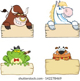 Different Animals With Wood Sign. Vector Collection