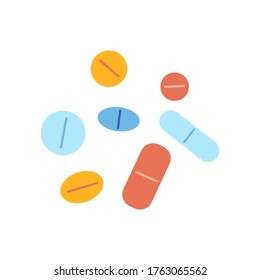 Different antibiotics or another medicine in the form of tablets of red blue and yellow on white background for pharmacy concept. Simple modern graphic shape. Flat vector illustration. .