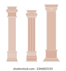 Different antique ionic columns vector illustrations set. Collection of ancient marble or stone pillars for Greek or Roman buildings. Architecture, Ancient Greece or Rome, decoration concept