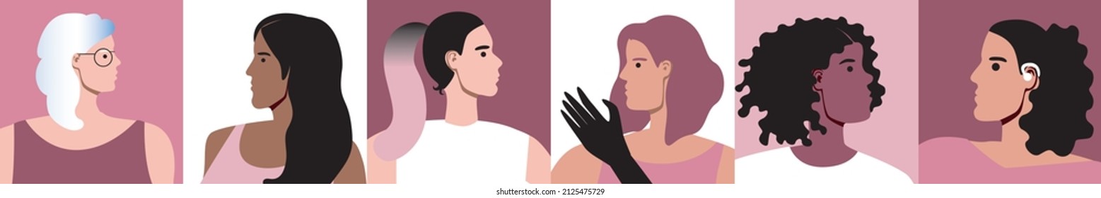 Different appearance of women. Flat vector stock illustration. Young, adult, old, inclusive people. Beauty of natural multicultural woman. Concept, feminism. Vector collage