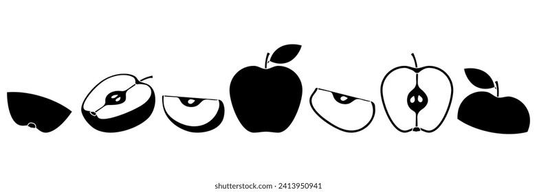 Different apples silhouettes parts set. Whole, half and slices of apple collection. Vector illustration isolated on white.