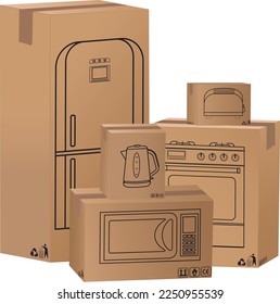 Different appliance boxes set on ground illustration on white background