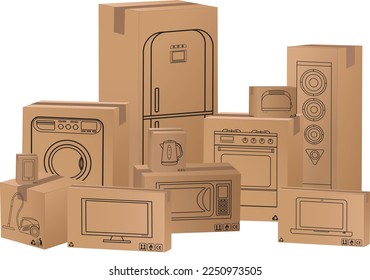 different appliance boxes set on ground delivery concept illustration on white