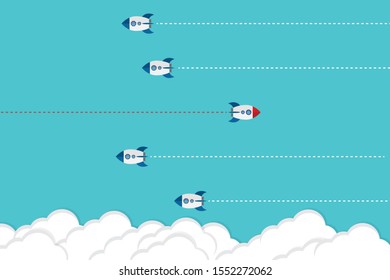 Different Approach - Different Direction. Group of rockets flying in one direction and with one individual flying in the different way, can be used leadership/individuality concepts.
