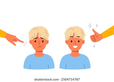 Different approaches to raising child, and use of praise or blame in form of gestures. Process of raising boy who loves positive attitude and gets upset because of reproaches that violate child psyche