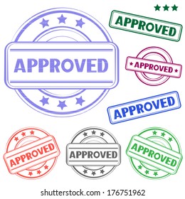 The different approved colored stamp isolated on white background