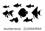 Different aquarium freshwater fish in black silhouette.Isolated on white background.Vector set illustration.