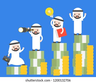 Different Arab businessman and super businessman stand on stack of money vector, step of successful concept about vision, innovation