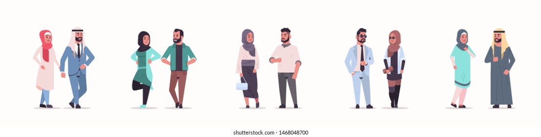 different arabic business couple standing together arab man woman wearing traditional clothes arabian cartoon characters collection full length flat white background horizontal banner