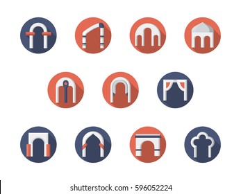 Different arch constructions. Set of flat round vector icons