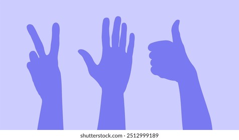 Different arm or palm gestures. Okay, high five, peace. Set of hands. Body language. Cartoon flat vector illustrations isolated.