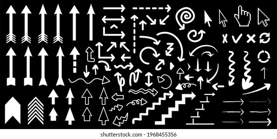Diferente flecha creciendo. Patrón de línea dibujada a mano. Icono Flechas. Signo de doodle vectorial plano. Dibuja hacia arriba, hacia abajo el pictograma derecho. Cursor, conjunto de curvas para el concepto de negocio, escuela o trabajo. Crecimiento del círculo.    
