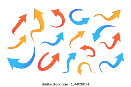 Different arrow icon set circle, up, curly, straight and twisted. Abstract curved colored arrows vector set isolated on white background. Design elements. Vector illustration, eps 10.