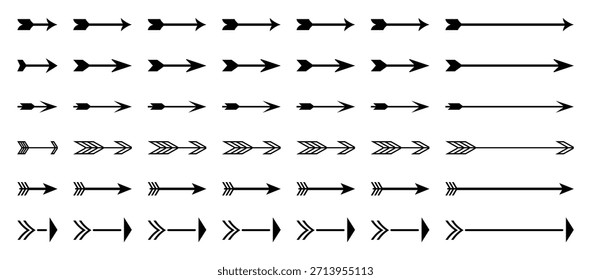 Diferente conjunto de flechas símbolo de iconos negros. Signos de dirección de flecha negra - Ilustración vectorial de icono de flecha. Colección de varias flechas de Vector negro.