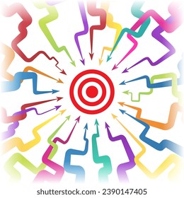 Different arrows aiming for target. Business competition rivalry contention emulation concept vector illustration