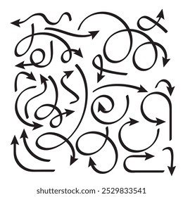Different arrows, black drawing on a white background. Collection of vector pointers hand Drawn. Vector illustration.