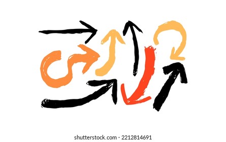 Un conjunto de flechas diferentes dibujadas a mano con un pincel. Ilustración del vector