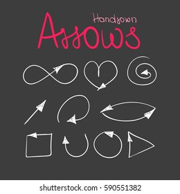 Different arrows hand drawn with pen and marker set as elements. Can be used for backgrounds.