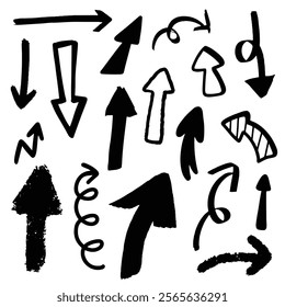 Different arrows hand drawn stroke for direction, element and icon. Black and white