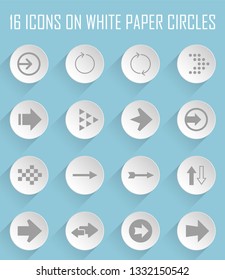 Different arrows. Set of 16 high quality web icons. web icons on white paper circles