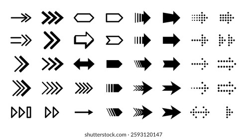 Different arrows set. Dotted arrow icon. Directional pointer with dots. Effect of disappearing arrow, cursor. Pointers for web design, sites, applications. Rewind, swipe icon. Isolated vector icons