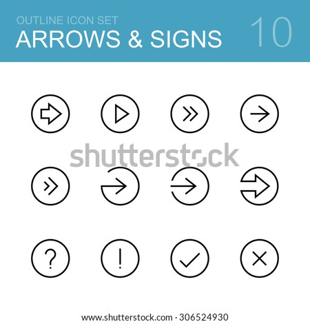 Different arrows and signs - vector outline icon set