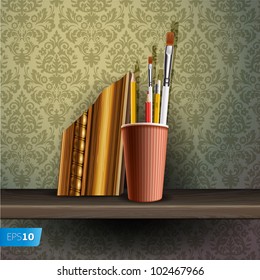 Different art brushes and pencils in flask on the shelf, vector Eps 10 illustration.