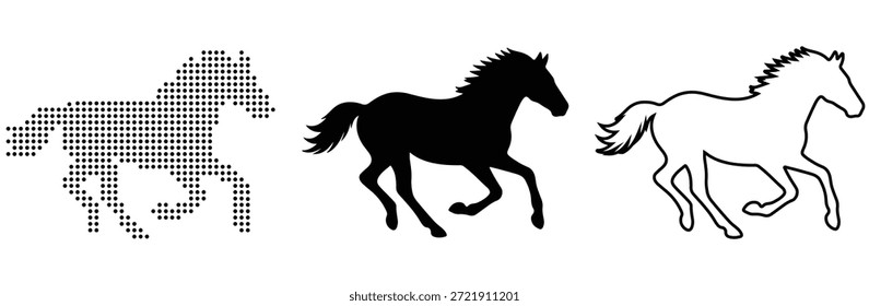 Different artistic renditions of a powerful galloping horse in three distinct styles
