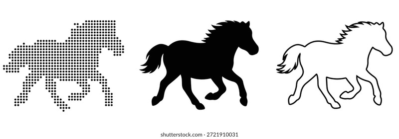 Diferentes representações artísticas de um cavalo de corrida: pixel, silhueta e formas de contorno
