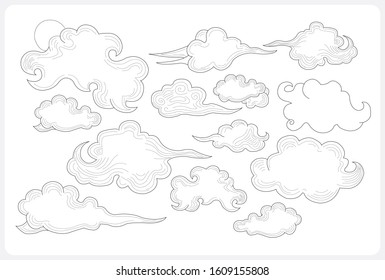 Different Asian clouds shapes. Black and white line vector art