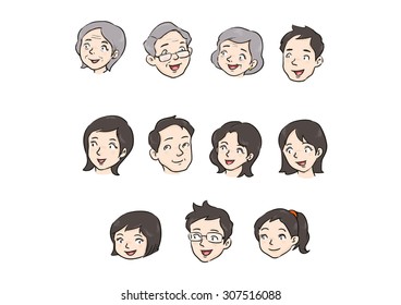 Different Asian face. Range from young to old. Isolated head and expression.