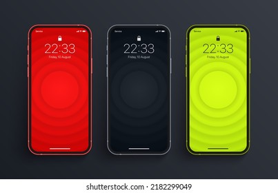 Different Assorted Minimalist Red Black Bright Green 3D Smooth Blurred Layered Circles Wallpaper Set On Isolate Photo Realistic Cell Phone Screen. Various Vertical Abstract Screensavers For Smartphone