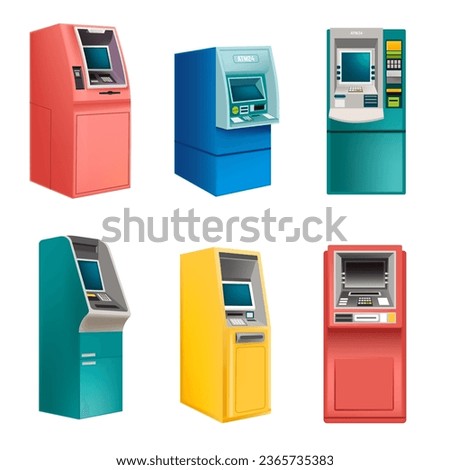 Different ATMs from banks, banking and withdrawing of money and funds. Isolated icons of automated teller machines for city infrastructure. Putting finance on card or account. Vector in flat style