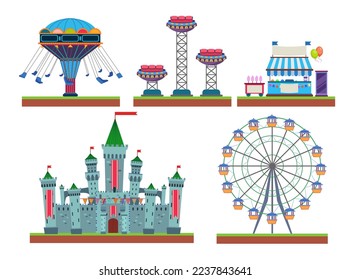 Diferentes atracciones del conjunto de ilustraciones vectoriales de parques de atracciones. Dibujos de dibujos animados de noria, castillo, quiosco, sillas voladoras sobre fondo blanco. Recreación, entretenimiento, concepto de ocio