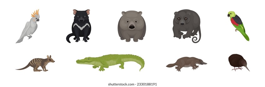 Different Australian Animals with Cockatoo, Tasmanian Devil, Wombat, Crocodile, Platypus and Echidna Vector Set