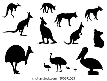 different Australian animals silhouette on white background