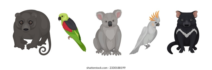 Different Australian Animals with Wombat, Koala, Cockatoo and Tasmanian Devil Vector Set