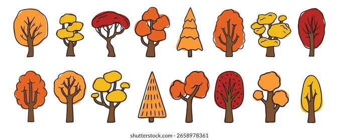 different autumn fall orange trees doodle hand drawn icon set. colorful cartoon drawing tree line clipart symbol collection. Vector illustration