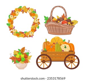 Different Autumn or harvest elements vector illustrations set. Leaf and pumpkin wreath, mushroom basket, wooden cart with vegetables, vase with leaves and apple. Autumn, decoration, farming concept