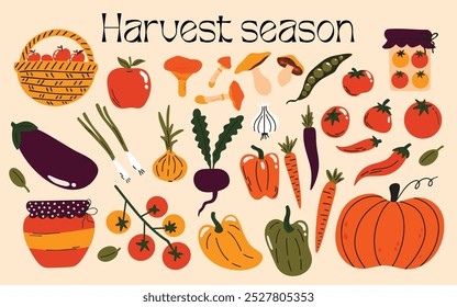 Conjunto de vários vegetais ilustração vetor em estilo groovy funky desenho animado. Coleção de diferentes tipos de plantas adesivos de alimentos, clipart. Colheita de outono, outono, elementos gráficos sazonais para design