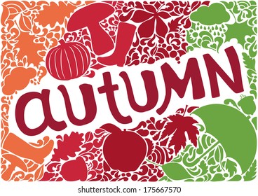 Different autumn objects and autumn hand-drawn lettering. 