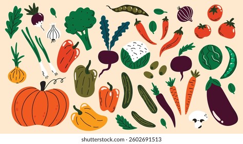 Different autumn or summer vegetables vector sticker elements with cartoon groovy funky illustration of pumpkin, tomato, carrot, onion, beetroot, pepper for farm market, menu design, food branding 