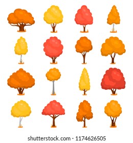 Diferentes árboles de otoño colorean iconos planos establecidos