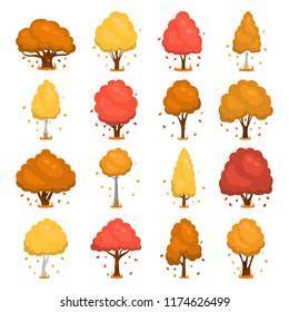 Different Autumn trees with falling leaves color flat icons set