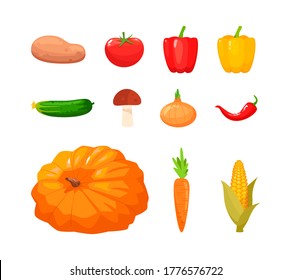 Diferentes verduras otoñales conjunto de ilustración de vector de color RGB semiplana. Calabaza madura. Pimientos frescos. Cultivo de papa. Productos del mercado de agricultores paquetes de objetos de dibujos animados aislados sobre fondo blanco