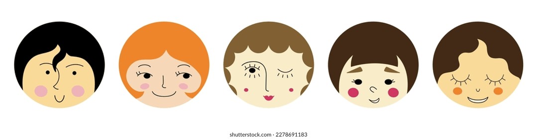 Different avatars, attractive girlish faces. Childish print, diverse faces, women visage. Funny girl visage
