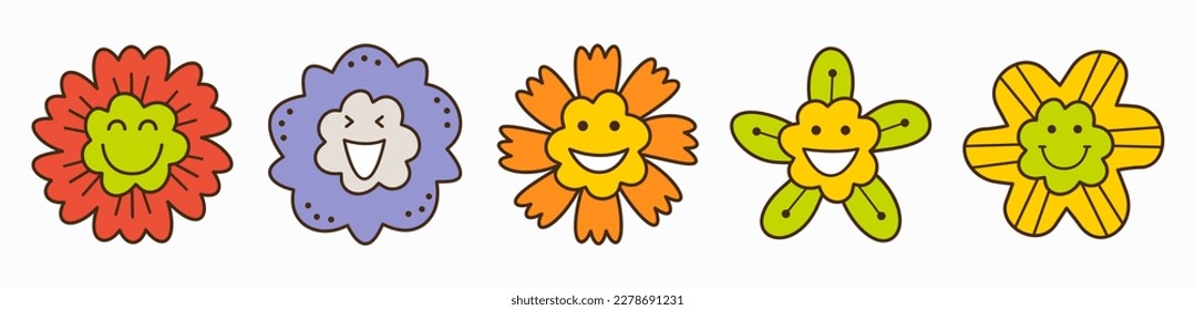 Different avatars, joyous flowers. Childish print, diverse faces, fairy tale element. Funny rounded shapes
