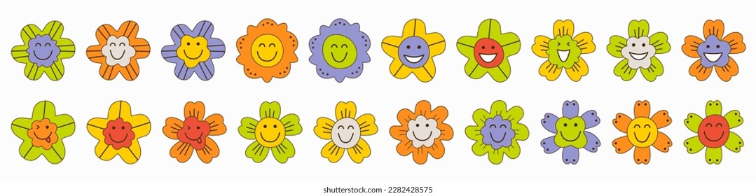 Different avatars, joyous flowers. Vector character set, variety emotions, vibrant smiley floret. Creative giggly design
