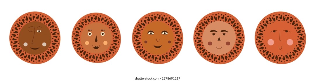 Different avatars, optimistic abstract faces. Childish print, diverse faces, male bizarre image. Funny guy strange face
